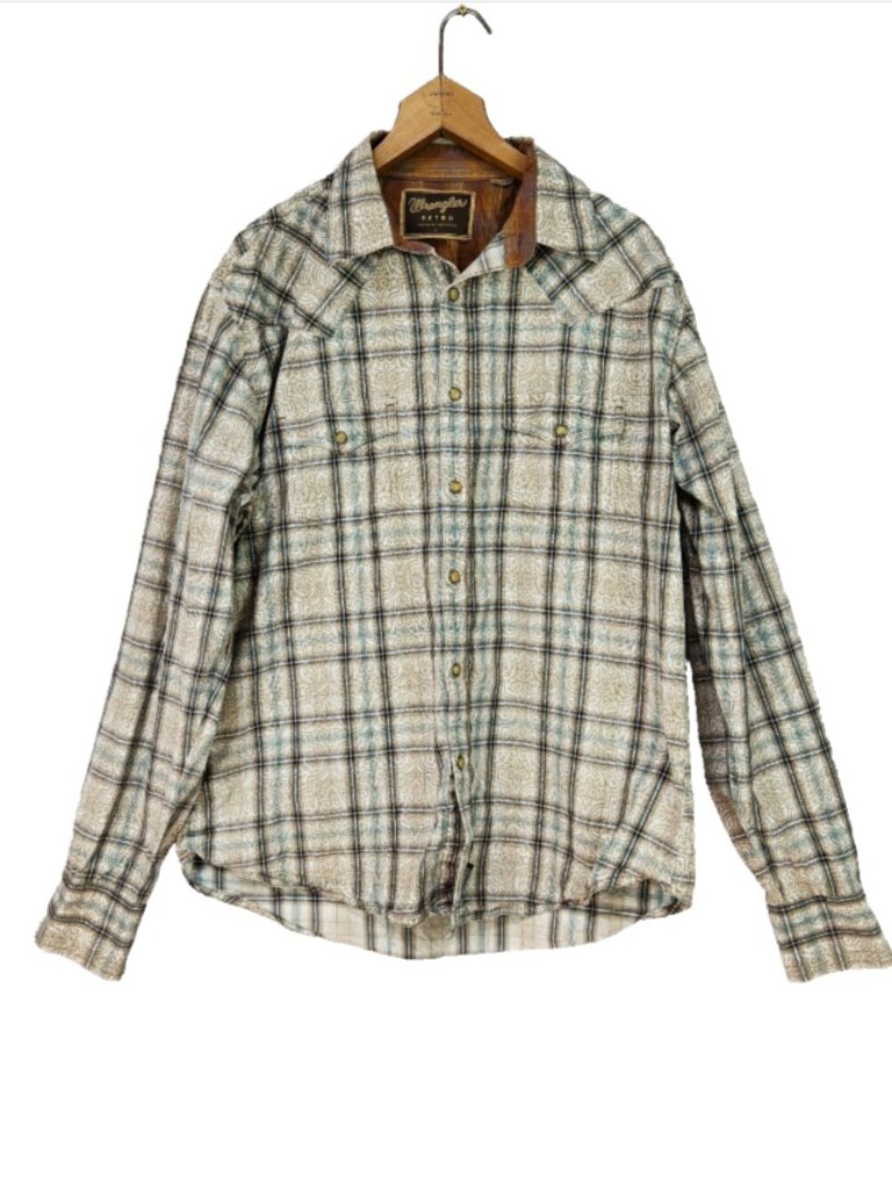 Wrangler Retro Pearl Snap Western Shirt Mens L Large Tan Gray Long Sleeve Cowboy